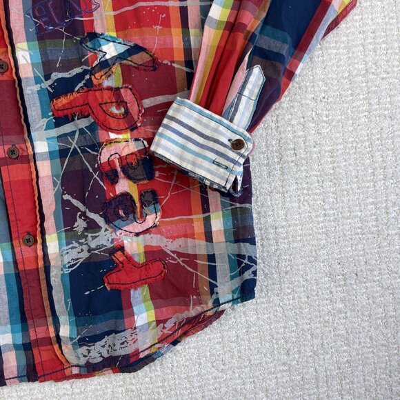 Y2K Desigual Button-Up Abstract Art Shirt Sz M Reg La vida es chula Patchwork - Picture 5 of 16